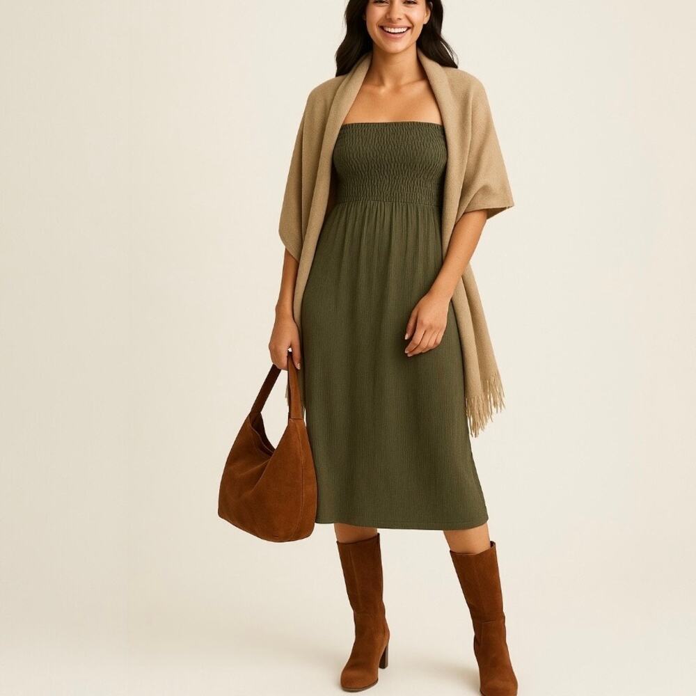 Modern Citizen Smocked Strapless Ribbed Knit Dress Small Green Tube Maxi Skirt